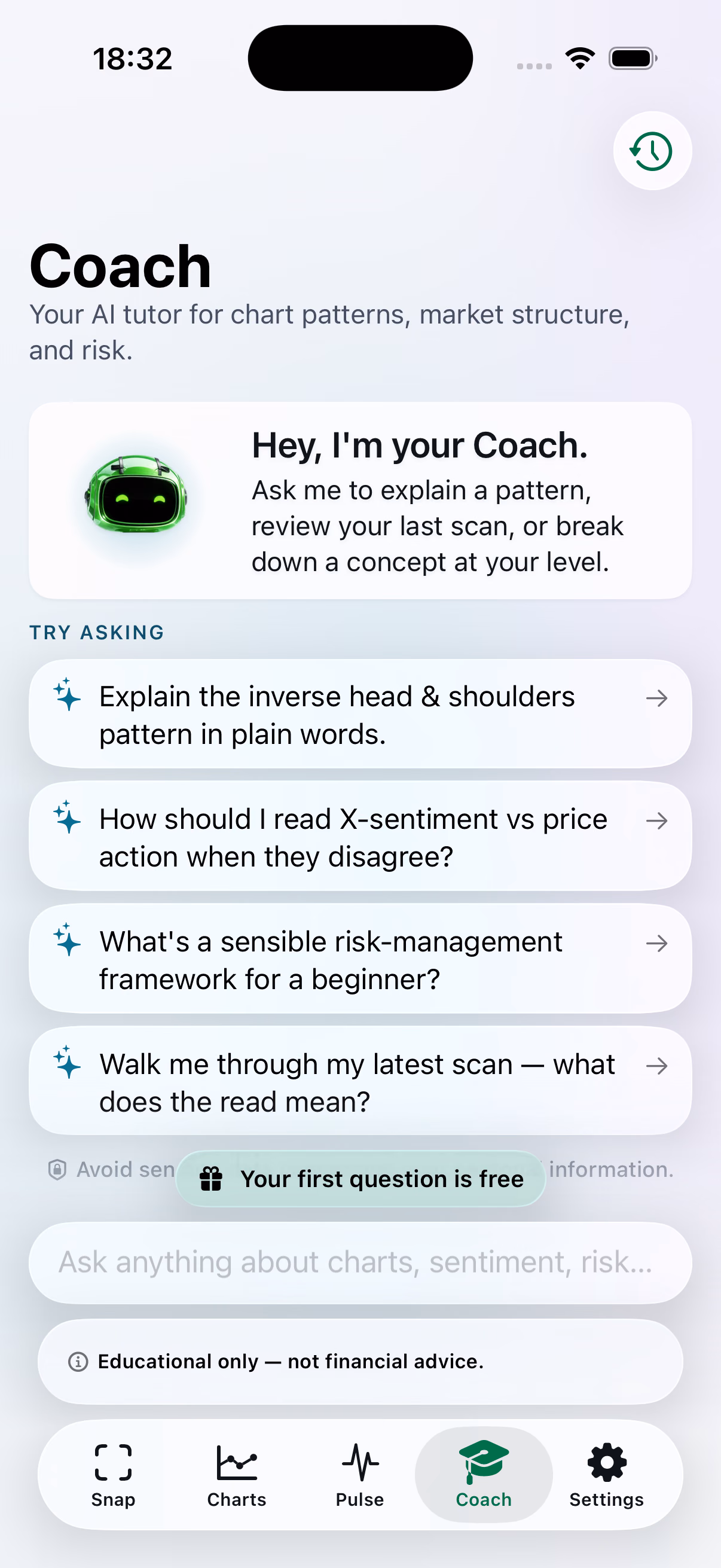 SnapPulse — Coach: Your AI tutor for patterns, structure and risk.