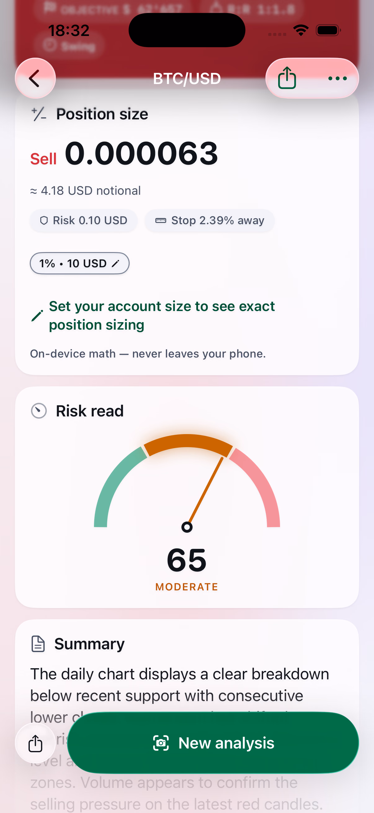 SnapPulse — Position size & risk: Exact size from your account, computed on-device.